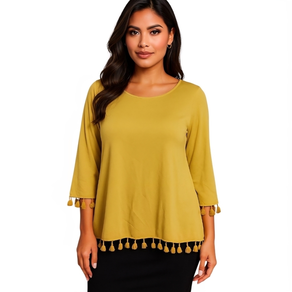 Nina Leonard Mustard Blouse with Tassel Accents